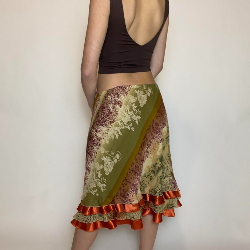 vintage boho 90s multicolored paisley low-waisted midi skirt